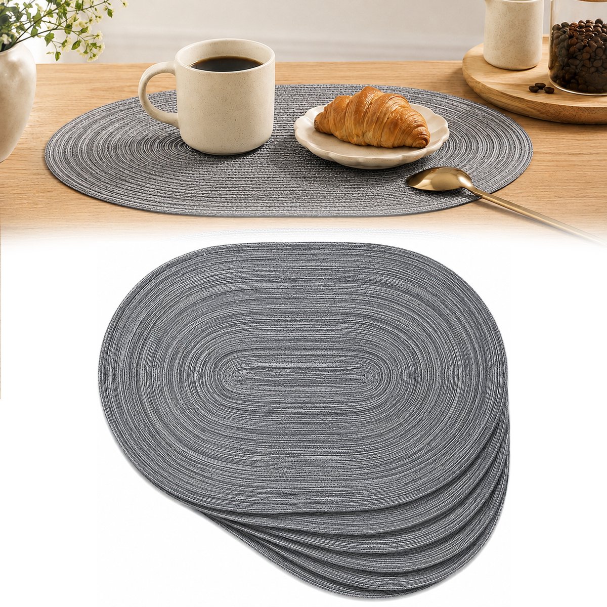 Placemats - Onderzetters - Ovaal Placemat - 45x30 cm - Geweven - Hittebestendig tot 85°C - Antislip - Afwasbaar - Katoen/Polyester - 6 Stuks - Grijs
