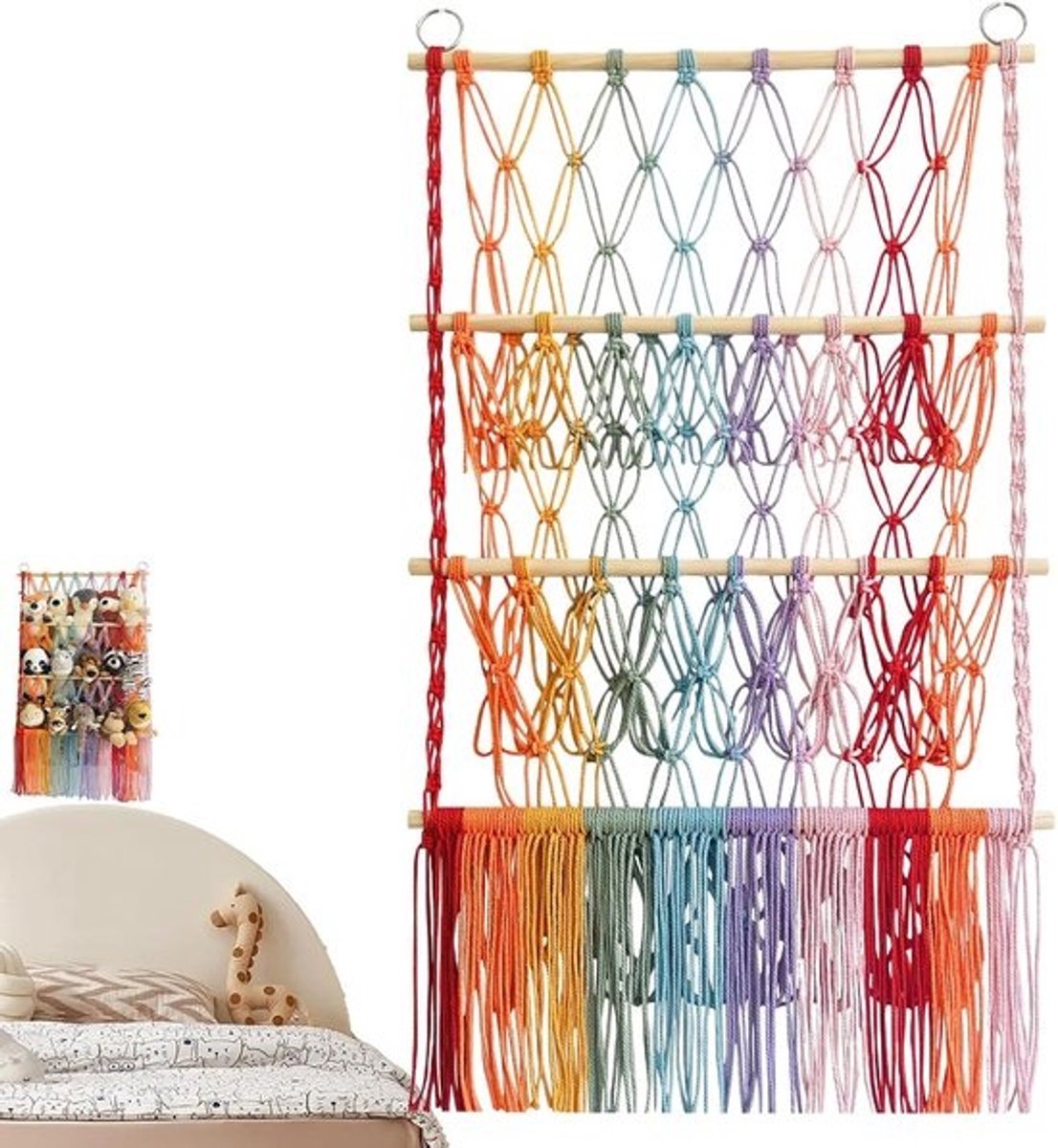 Hangmat Knuffels - Speelgoed Net - Kamer Organiseren - Boho Franje Design - 92 x 52 cm - Naturel