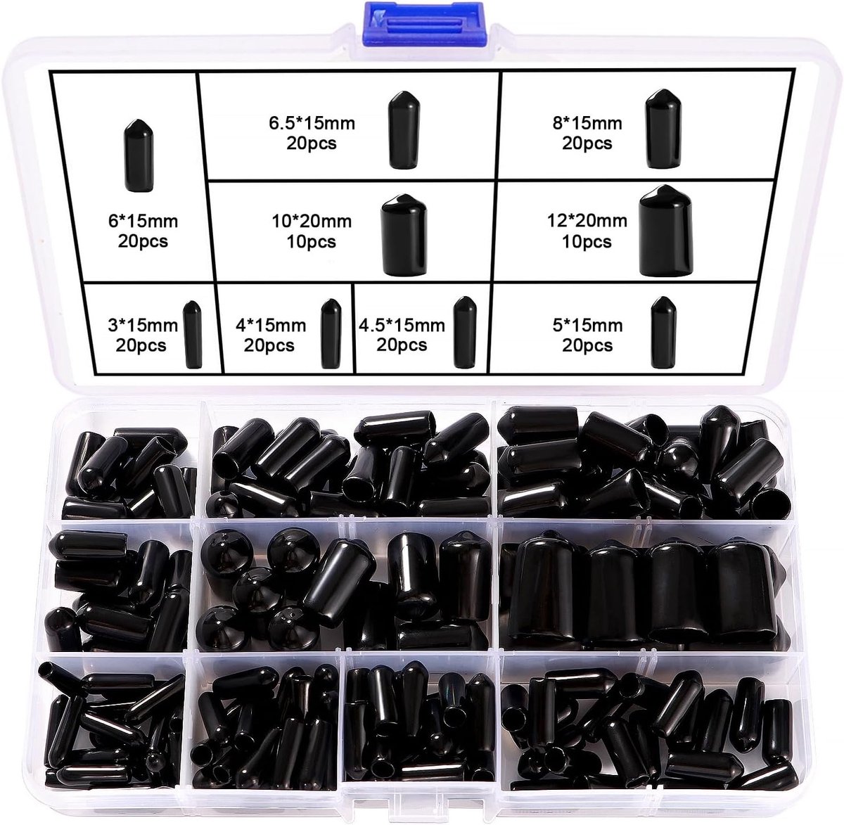 160 Stuks Rubber Eindkap Assortiment Set in 9 Maten 3-12mm, Bescherming voor Schroeven, Buizen en Kabels, Zwart