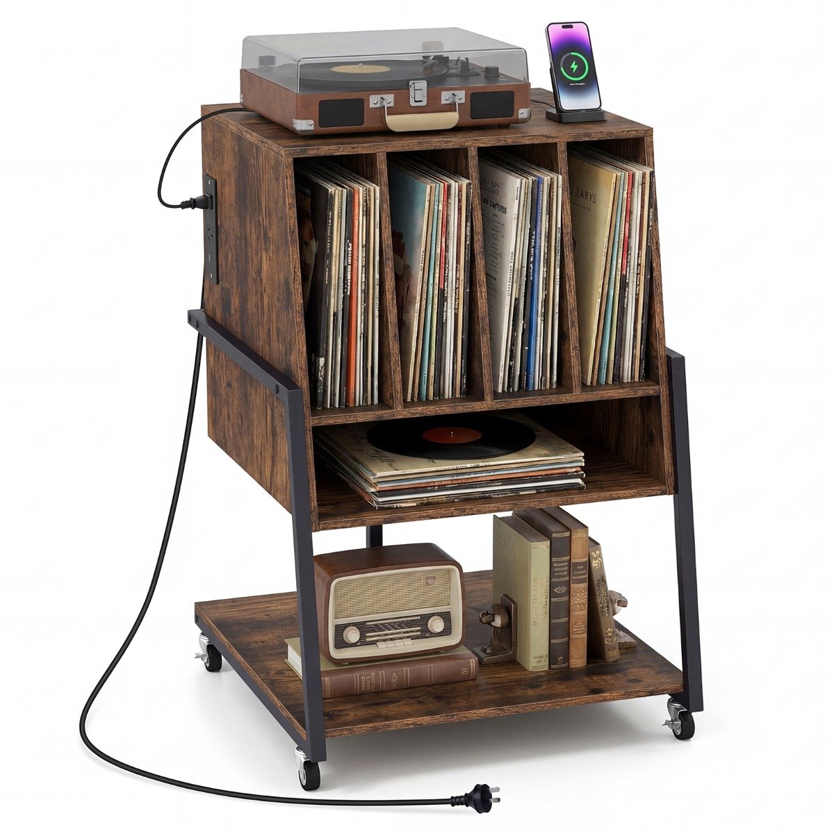 SureDeal® - Boekenkast - Platenrek Vinylplatenrek Houten - Studeerkamer - Muziekkamer Zwart - Rustiek Bruin - 54x57x76,5 cm - Koffiebruin