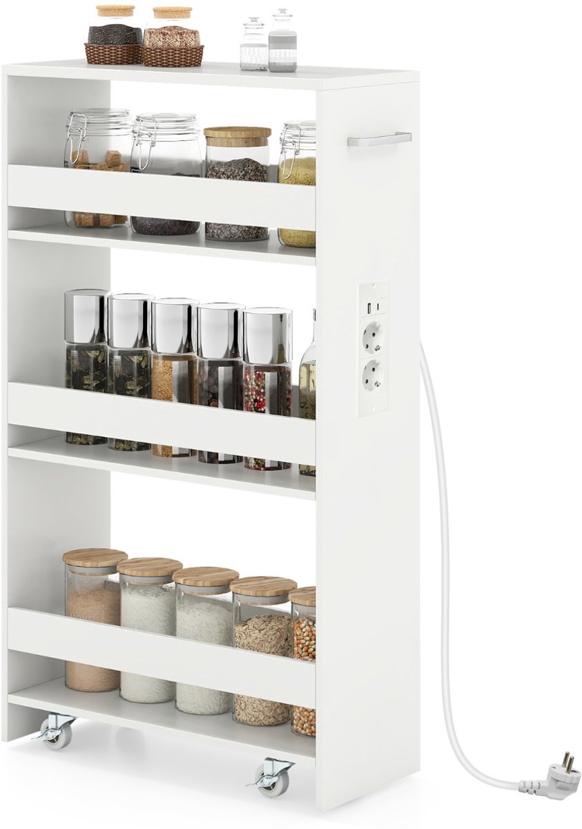 SureDeal® - Keukentrolley - Smalle Opbergkar - Oplaadstation 4-laags Mobiele - 47,5x20x80,5 cm - Wit