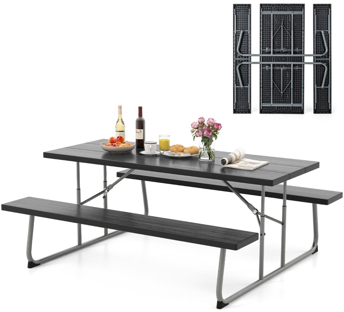 SureDeal® - Kamper - Opvouwbare Picknicktafel - Banken Campingtafelset - Metalen Weerbestendig Hdpe - Parasolgat - 183x163x74 cm - Zwart