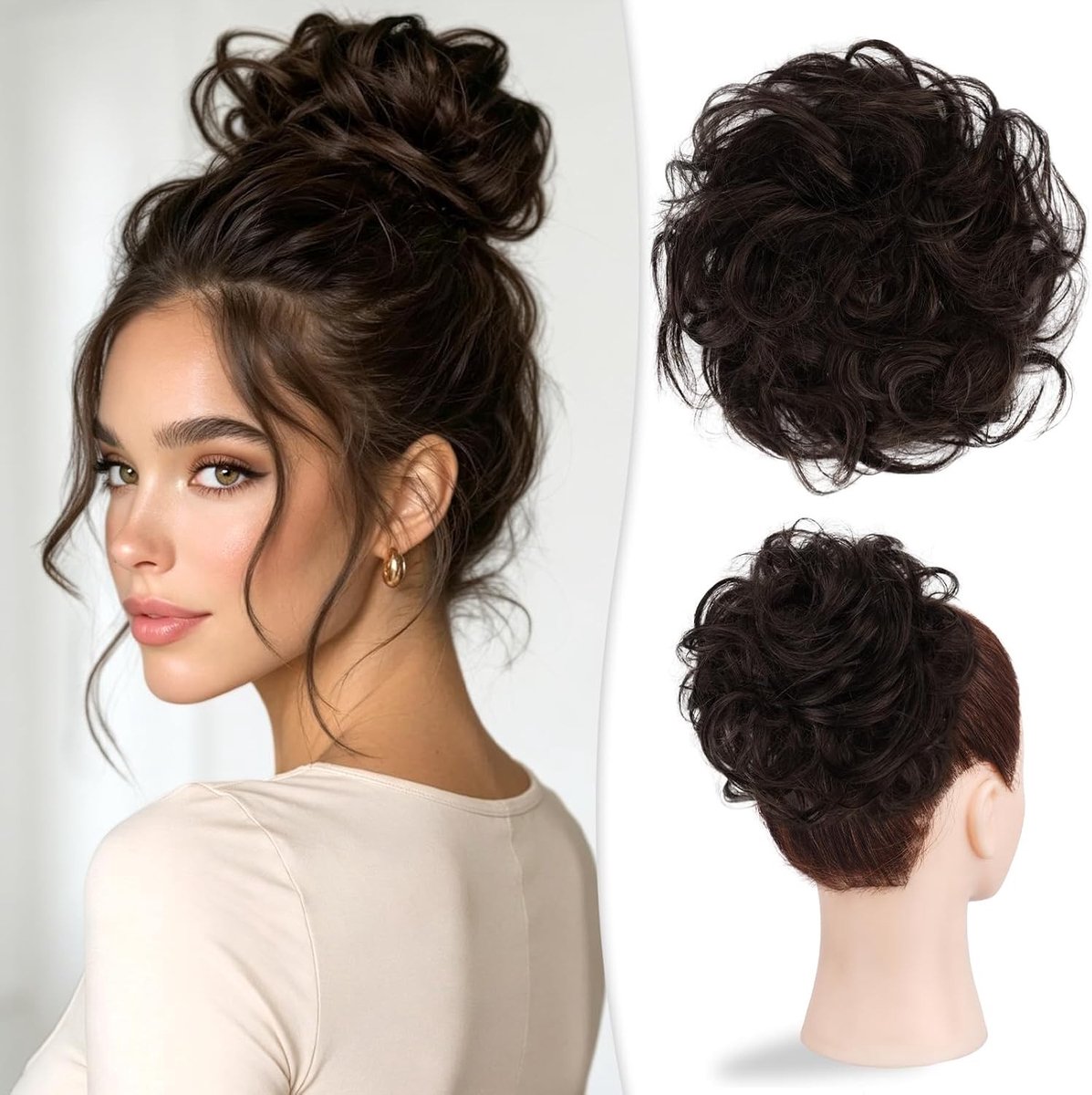 Natuurlijke Haaraccessoire voor Vrouwen - Krullende en Golvende Haarbun, Elastische Updo Haarstuk in Donkerbruin met 15% Donker Koffieblond, 32g
