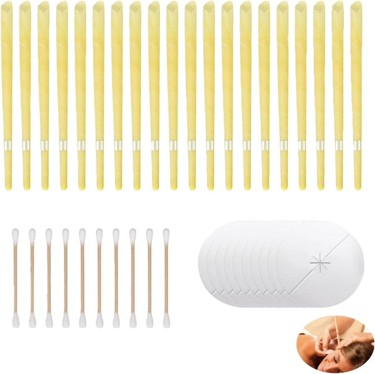 Set van 20 Oorkaanpijpen met 10 Beschermschijven en 20 Stuks Wattenstaafjes voor Ontspanning en Stressverlichting