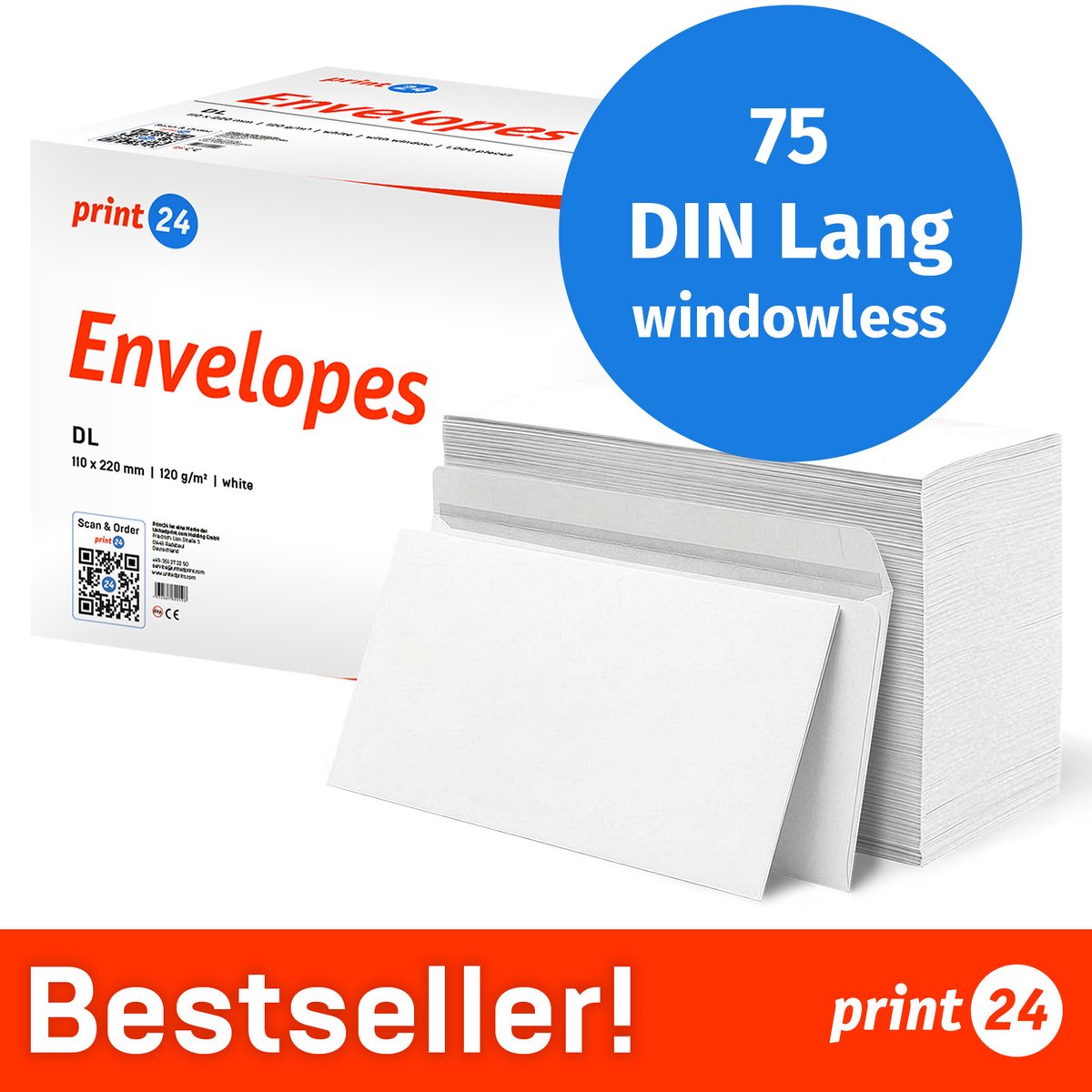 NIEUW: print24 Enveloppen zonder venster, DIN Lang, onbedrukt, 75 stuks