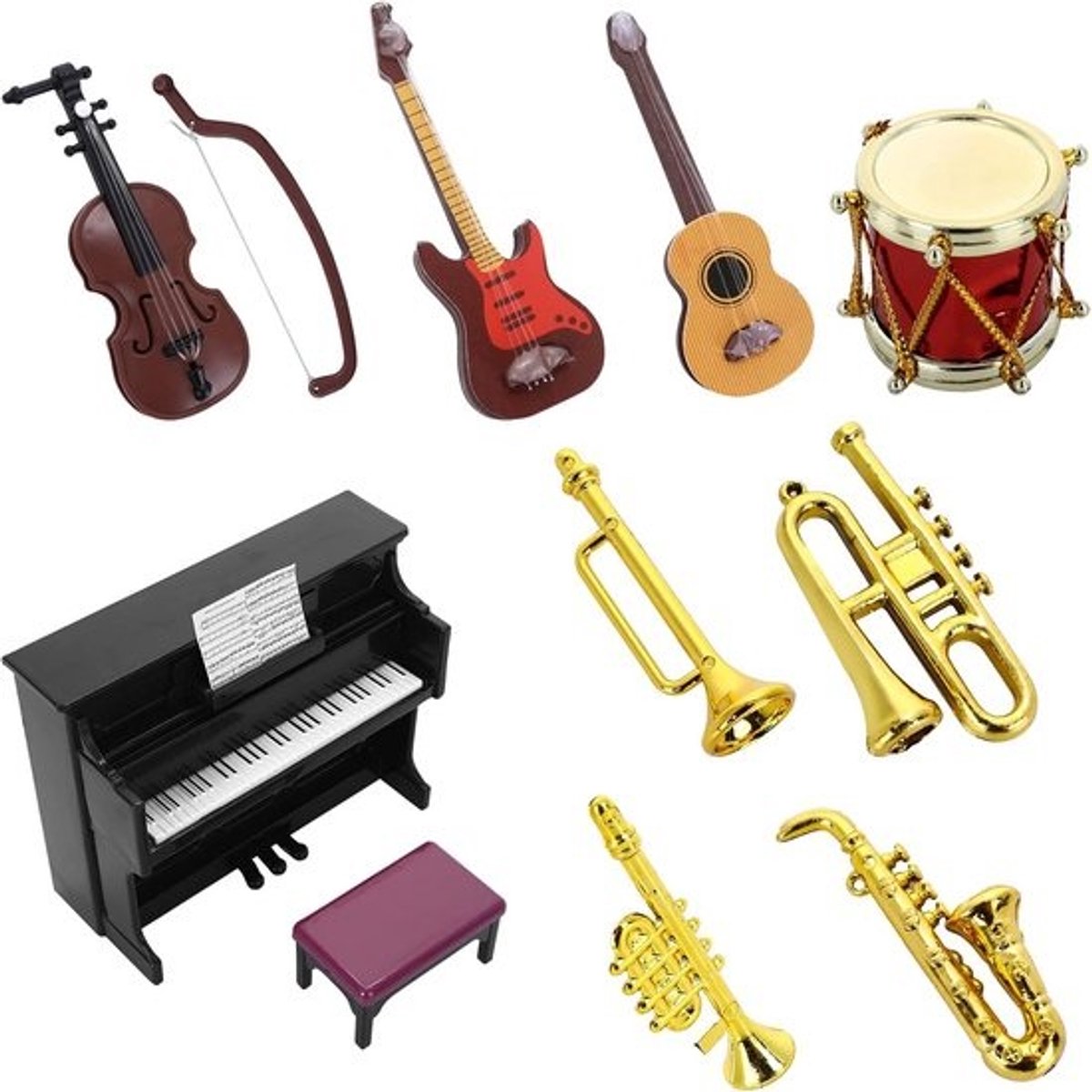 Miniatuur Muziekinstrumenten Set - Poppenhuis Instrumenten - Poppenhuis Decoratie - 11 Delig - 1:12 Schaal - Multicolor
