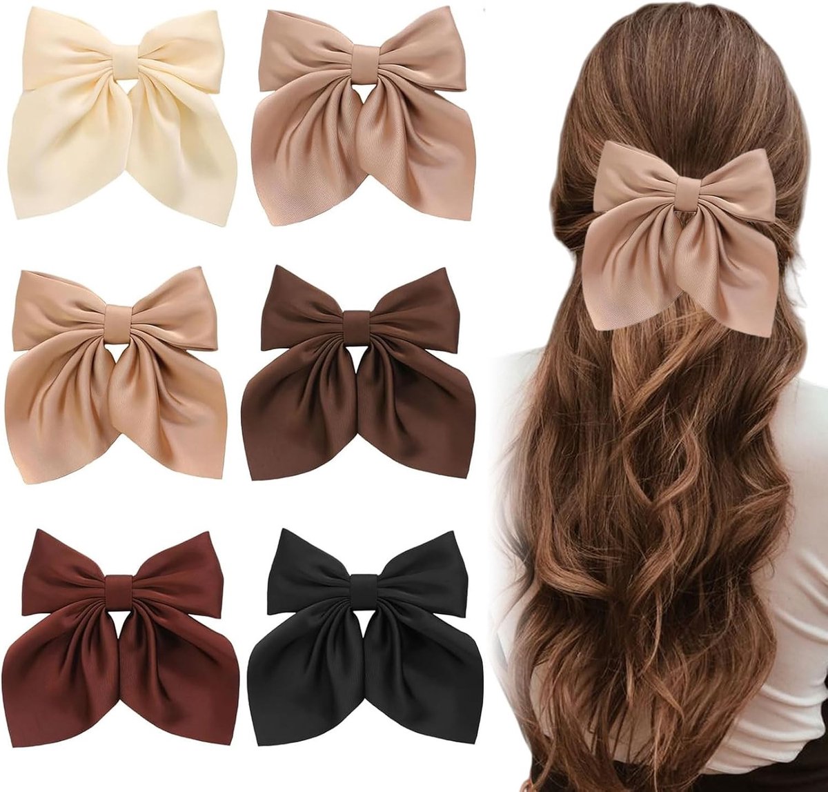 Set van 6 Haarstrikken voor Vrouwen, Satijnen Haarspeldjes, Schattige Haarclips in Neutrale Kleuren voor Meisjes en Dames