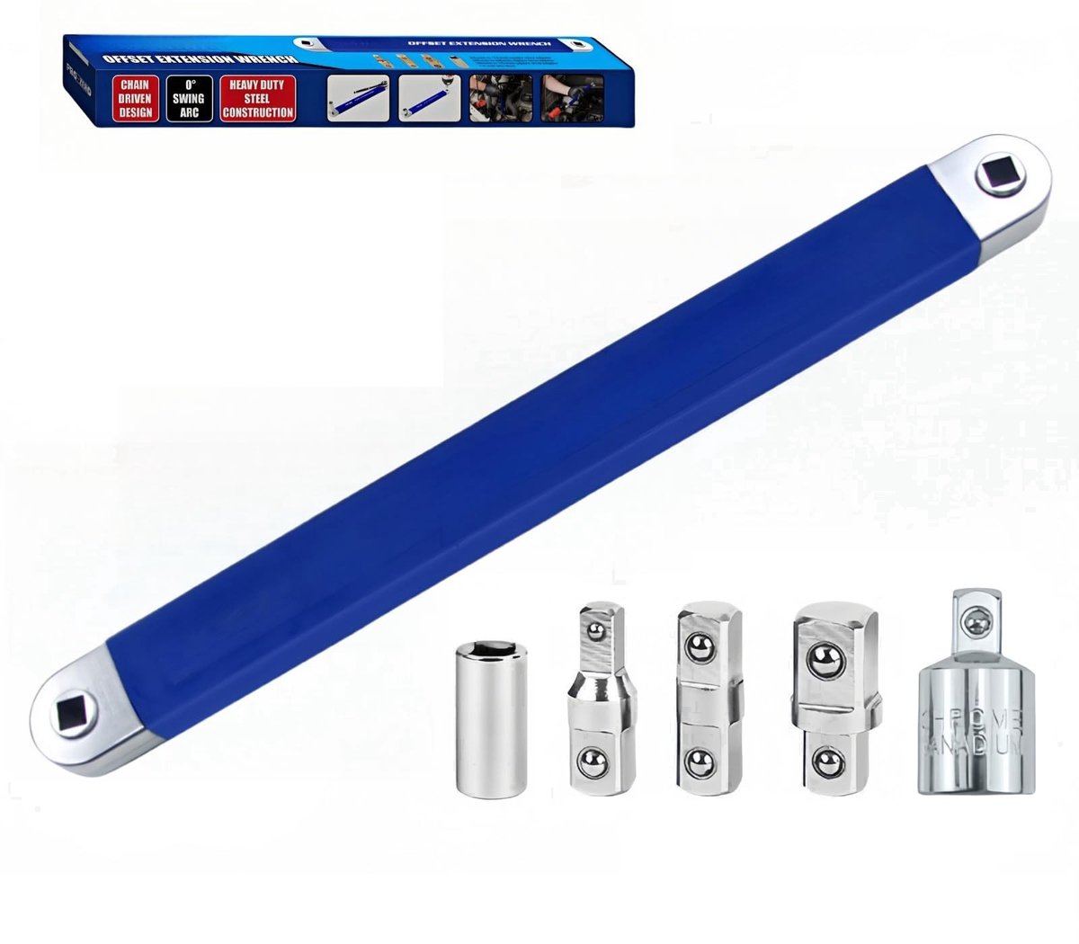 Offset Extension Sleutel met 1/2", 1/4" en 3/8" adapters - Blauw