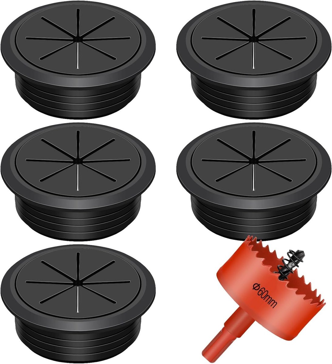 Set van 6 Desk Grommets van 60mm met Boor voor Kabeldoorvoeren, Ideaal voor Thuis en Kantoor, Eenvoudige Installatie en Netjes Kabelbeheer