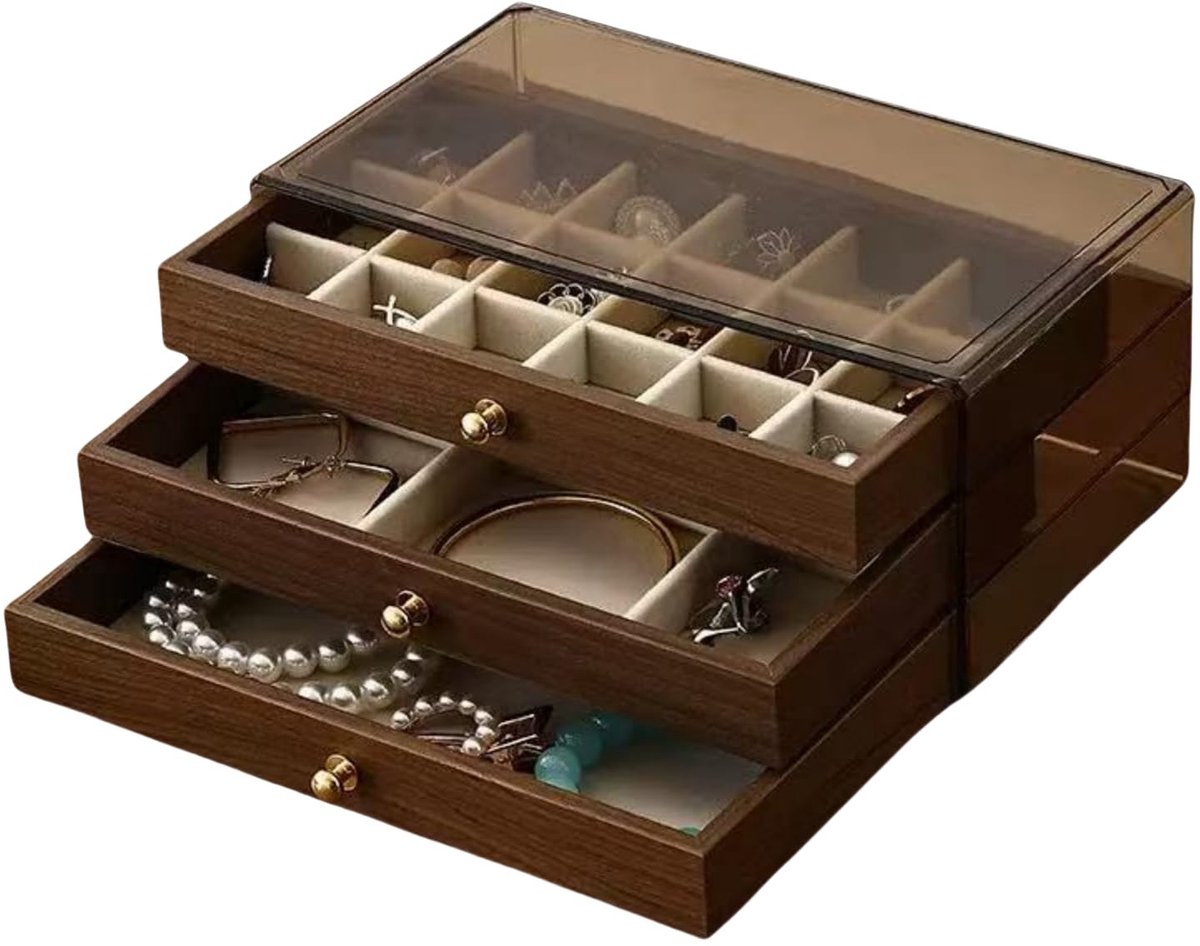 Houten Sieradenbox - Drie lagen met Acryl Deksel