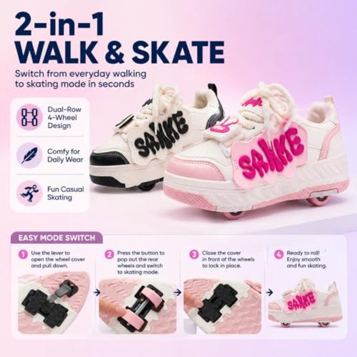 Kinderen Dubbele Rij Rolschaatsen - Lederen Patchwork en Konijn Brief Decoratie - Roze