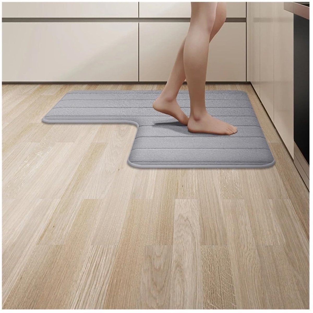 L-vormig Badkamertapijt - Antislip en Absorberend - Lichtgrijs