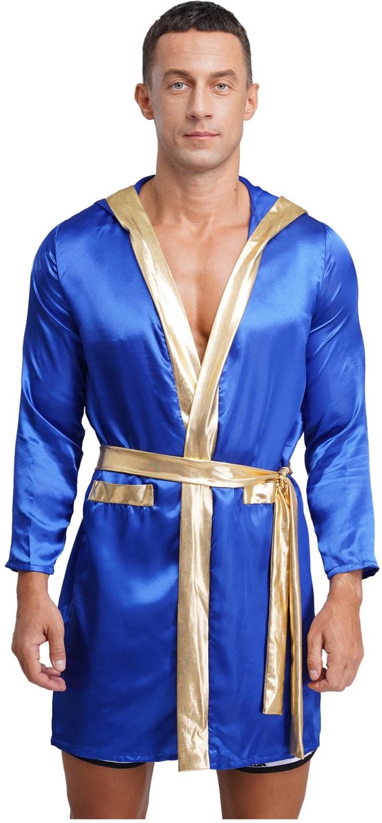 Heren Boxcoat met Kap - Satin Boxing Bathrobe - Royal Blue