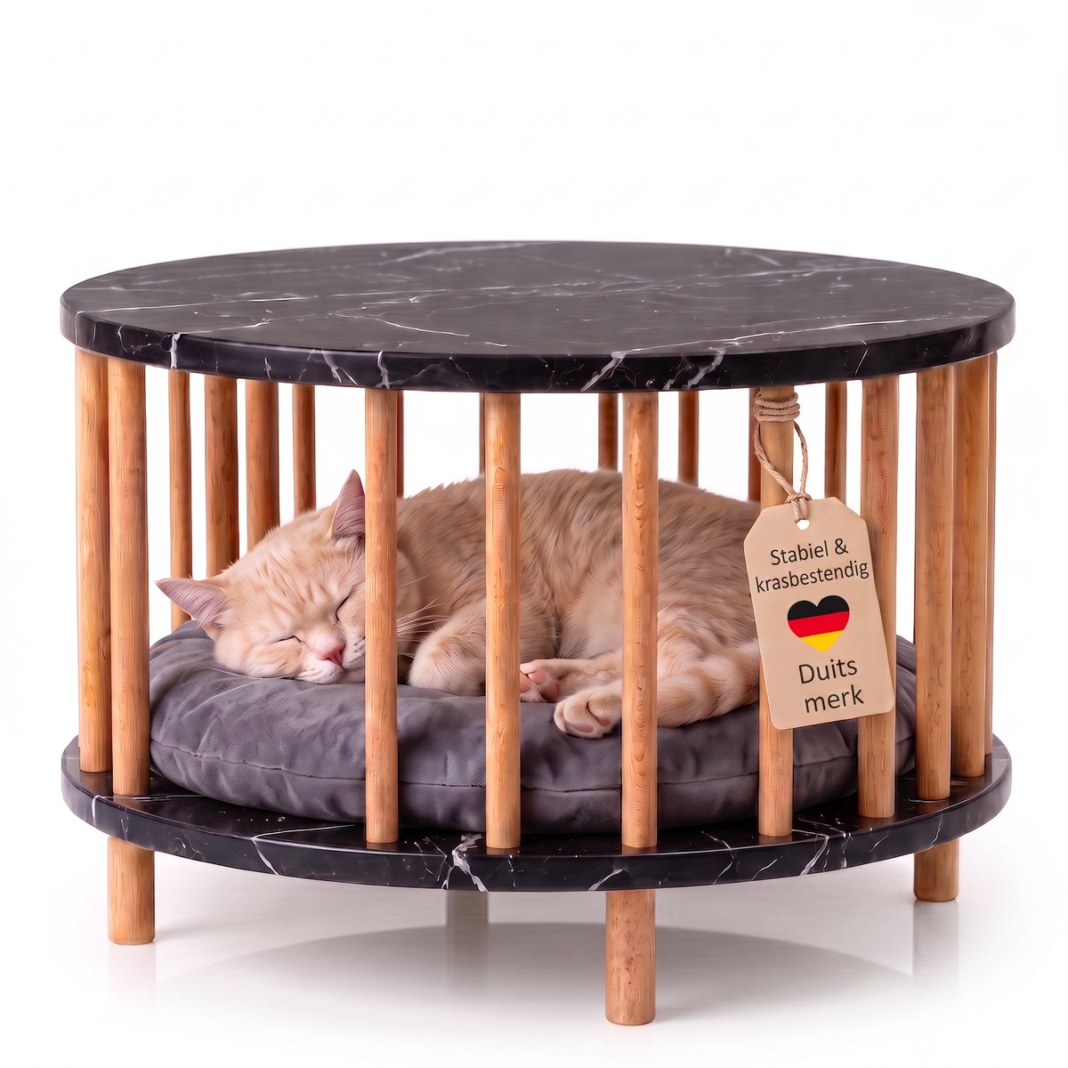 Jungengel Kattenmand Zwart Marmerlook - 2-in-1 Bijzettafel en Kattenbed - Kattenmand met Kussen - Krasbestendig tot 100 kg - Kattenhuisje Binnen - 53x53x43 cm