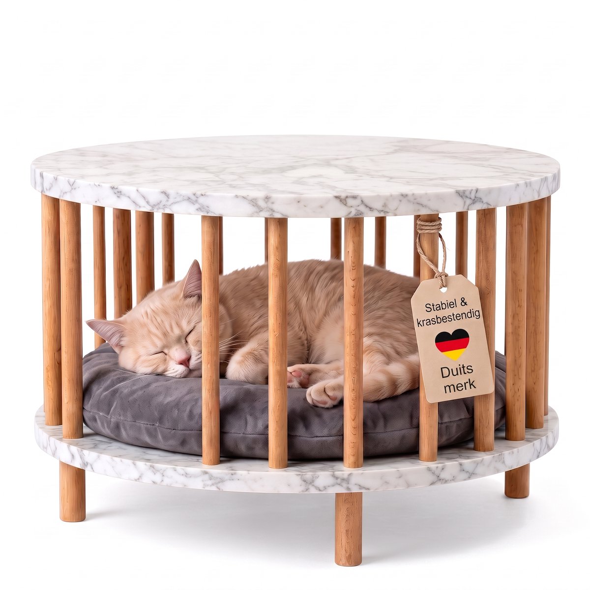 Jungengel Kattenmand Wit Marmerlook - 2-in-1 Bijzettafel en Kattenbed - Kattenmand met Kussen - Krasbestendig tot 100 kg - Kattenhuisje Binnen - 53x53x43 cm