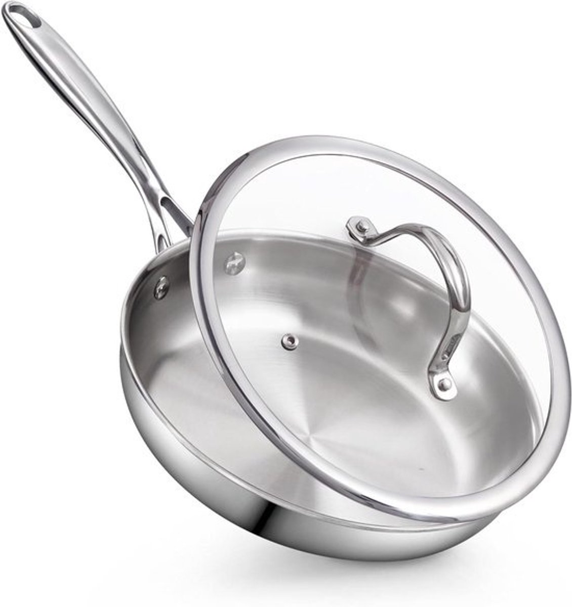 Roestvrijstalen koekenpan - Wokpan met deksel - Roerbakken en sauteren - Meerlaags beklede structuur - 25.5 cm - Zilver