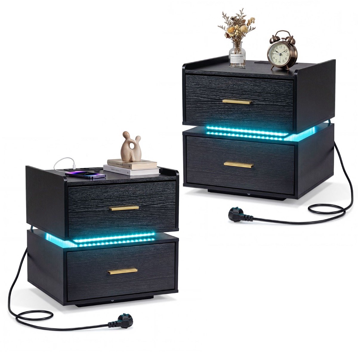 SureDeal® - Nachtkastje - Oplaadstation LED Halfzwevend - 45x40x48 cm - Donkerbruin