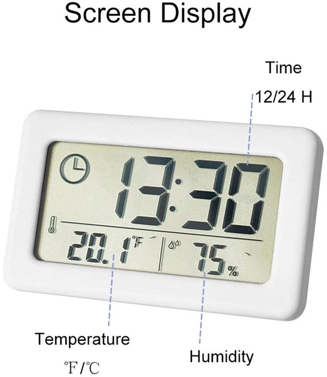 Compacte Thermo-Hygrometer met LCD Display, Temperatuur- en Vochtigheidsmeter, 12/24 Uur Weergave, Geschikt voor Thuis en Slaapkamer