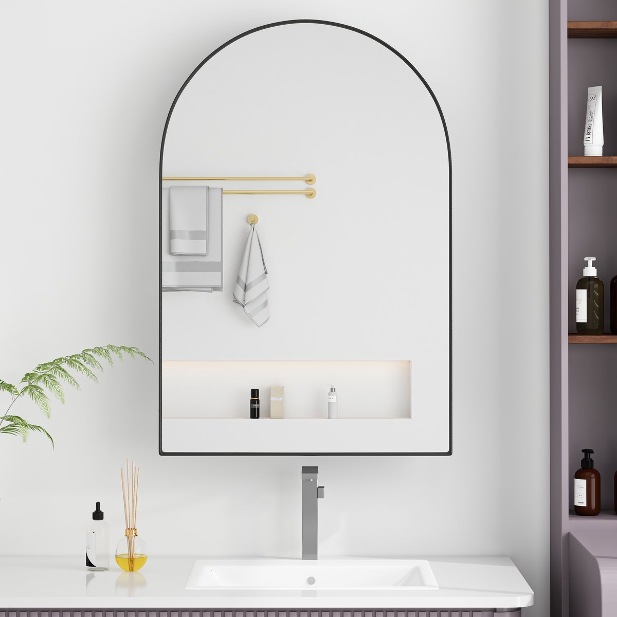 Boogvormige spiegelkast - inbouwmontage - metalen frame - verstelbare planken - opbergruimte voor badkamer, woonkamer en slaapkamer - zwarte afwerking