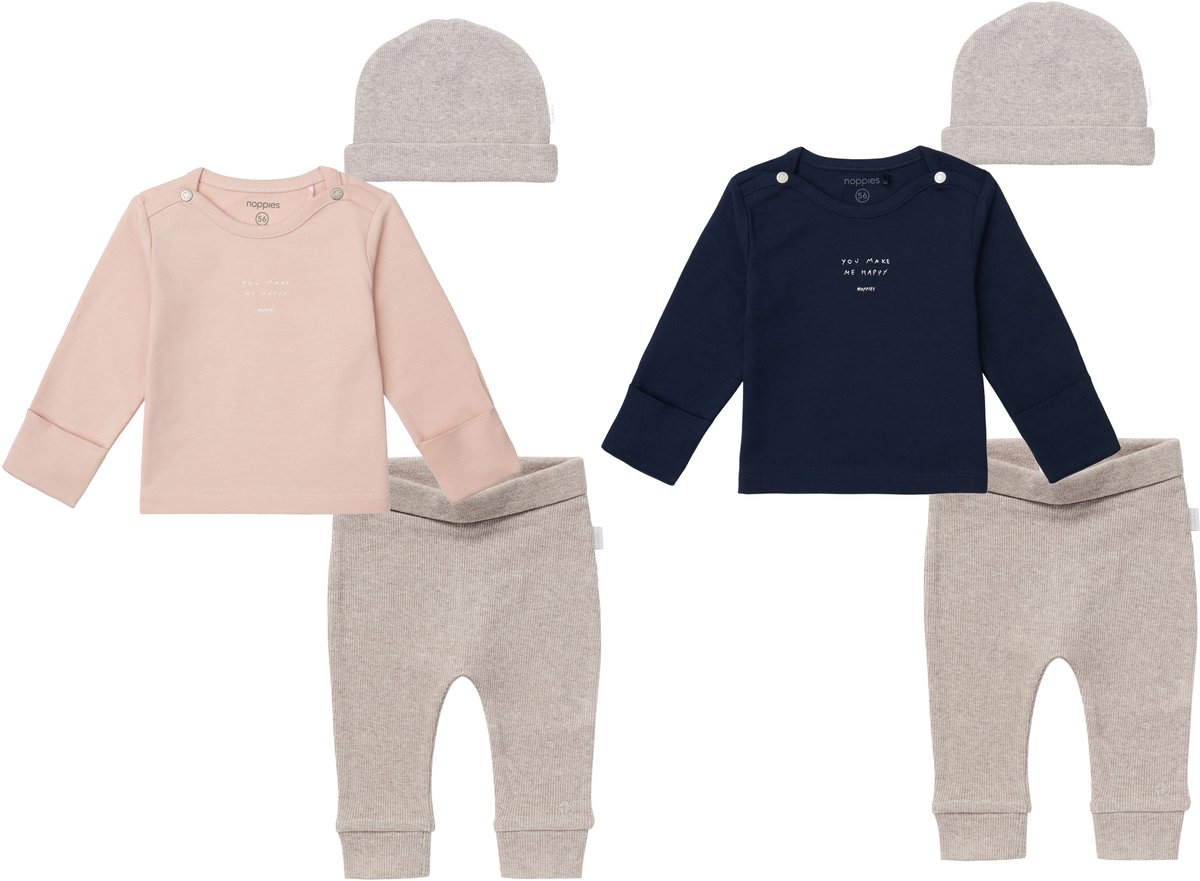 Noppies - Tweeling kledingset - 6delig - Broek Naura taupe - Shirt Neisse rose smoke - Donkerblauw - Muts Nevel taupe - Maat 62