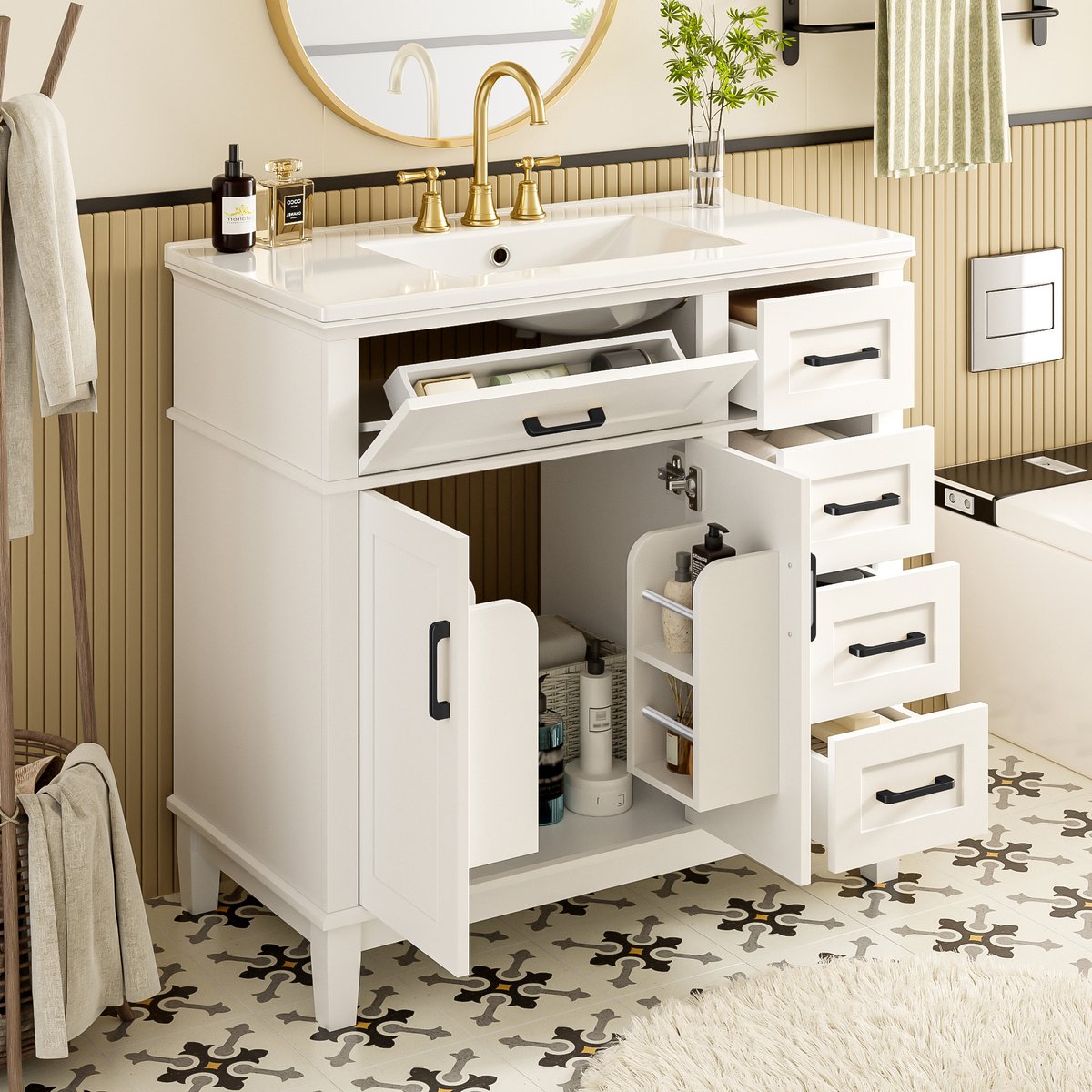 Badmeubel 90x46x87 cm met geïntegreerde keramische wastafel - geruisloze demping - dubbele deuren met legplanken - massief houten poten - witgelakt - zwarte klapgreep