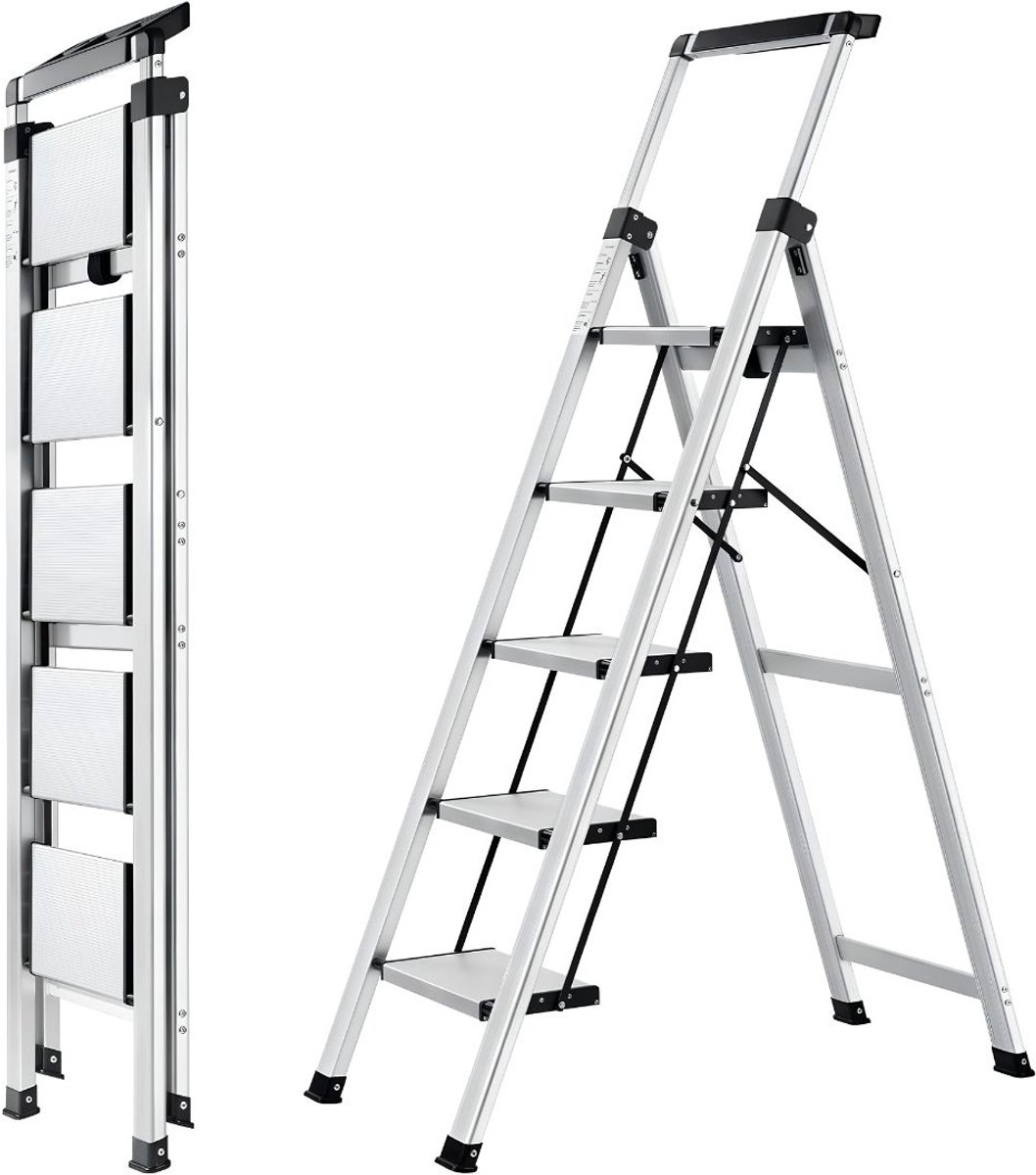 TYR® Huishoudtrap 5 Treden - Huishoudtrap - Ladder - Zilver - 94cm x 47cm x 151cm