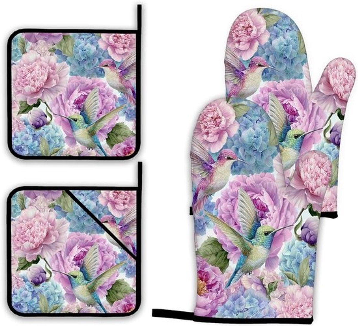 Ovenwanten en Pannenlappen Set - Hittebestendige Keukenhandschoenen - Veilig Koken - Hittebestendig Materiaal - 27.9 x 27.9 cm - Roze Bloem