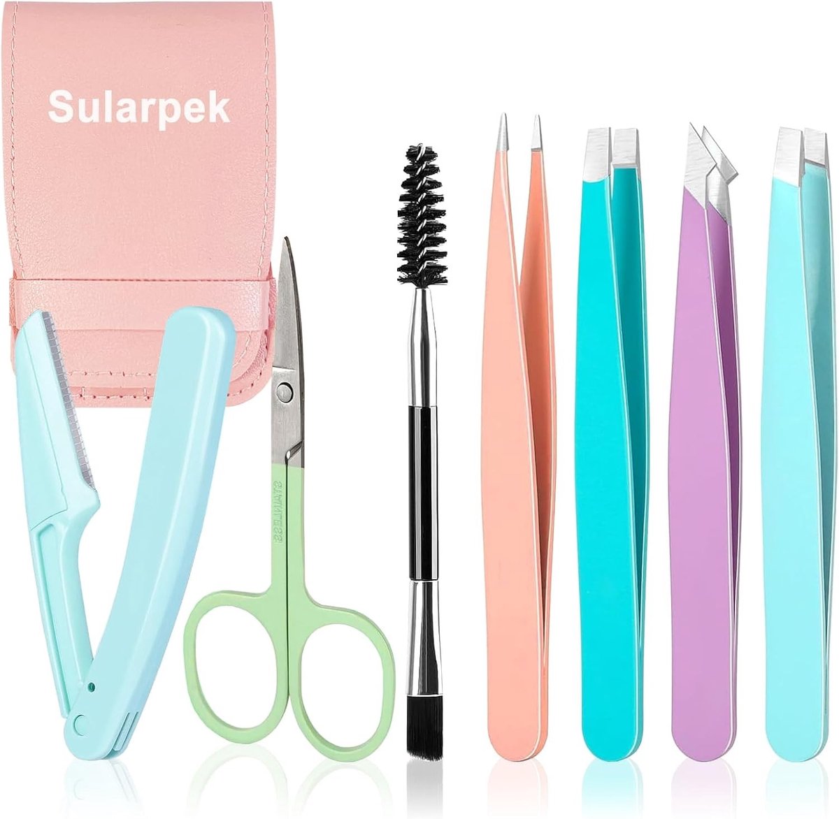 7-delige Precisie Pincet Set voor Vrouwen met Scharen, Scheermes en Spoolie voor Gezichtsbeharing, Wenkbrauwen en Ingegroeide Haren in Leren Etui
