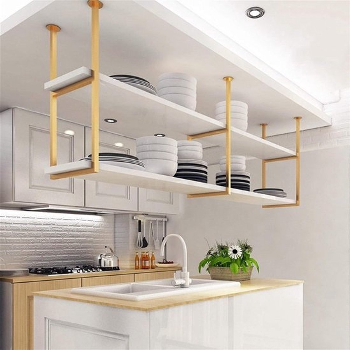 Plafondrek met Wijnrek - Keuken Organizer Plank - Keuken Opbergen - Hout en Metaal - 60x30x80cm - Wit