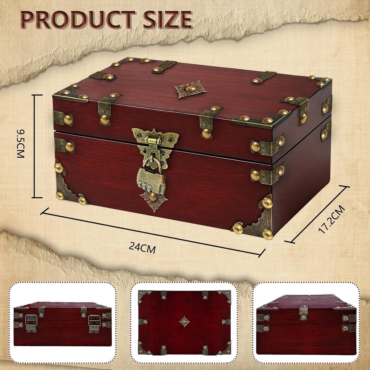 Vintage Schatkist - Roodbruin - Houten Schatkist met Cijferslot - Voor Opslag en Decoratie