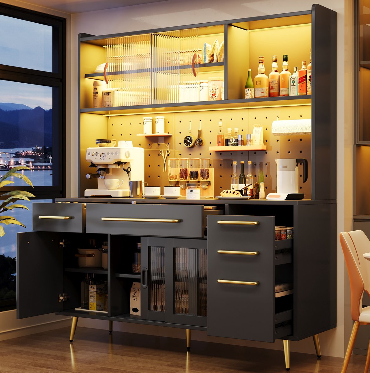 Wishdor Keukenkast met LED-verlichting - Hoogkast met pegboard, schuifdeur en lades - Modern - Keuken woonkamer - MDF, glas, metaal - Zwart - 145 x 39 x 171 cm