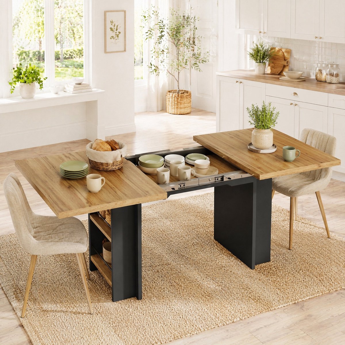 Wishdor Uitschuifbare eettafel - Rechthoekig modern design - MDF met opbergrekken - Natuurlijk hout - Voor woonkamer en keuken - Zwart frame - 120-160 x 80 x 75 cm