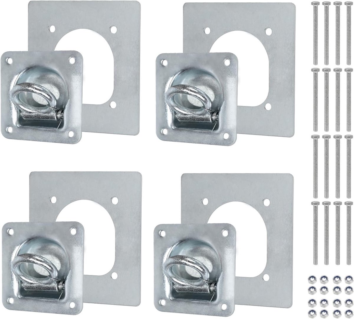 Set van 4 lashing eyes voor aanhangwagens met tegenplaat en schroeven, gegalvaniseerde lashing eyes voor zware lasten, 800 kg, ideaal voor het veilig bevestigen van ladingen en het ophangen van voorwerpen
