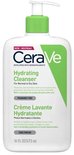 Nettoyant hydratant CeraVe pour peaux normales à sèches. Blanc avec distributeur à pompe verte.