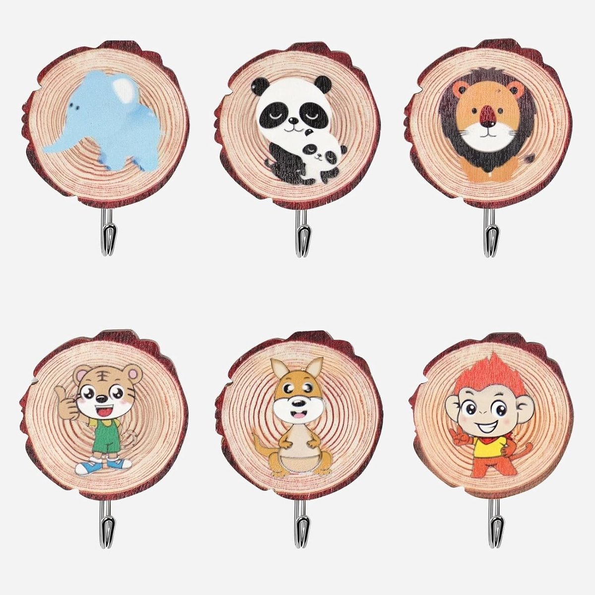 Dierenvormige Wandhaken voor Kinderen, 6 Stuks Houten Kledinghaken zonder Boren, Ideaal voor Badkamer, Keuken en Speelkamer, Voor Handdoeken en Hoeden