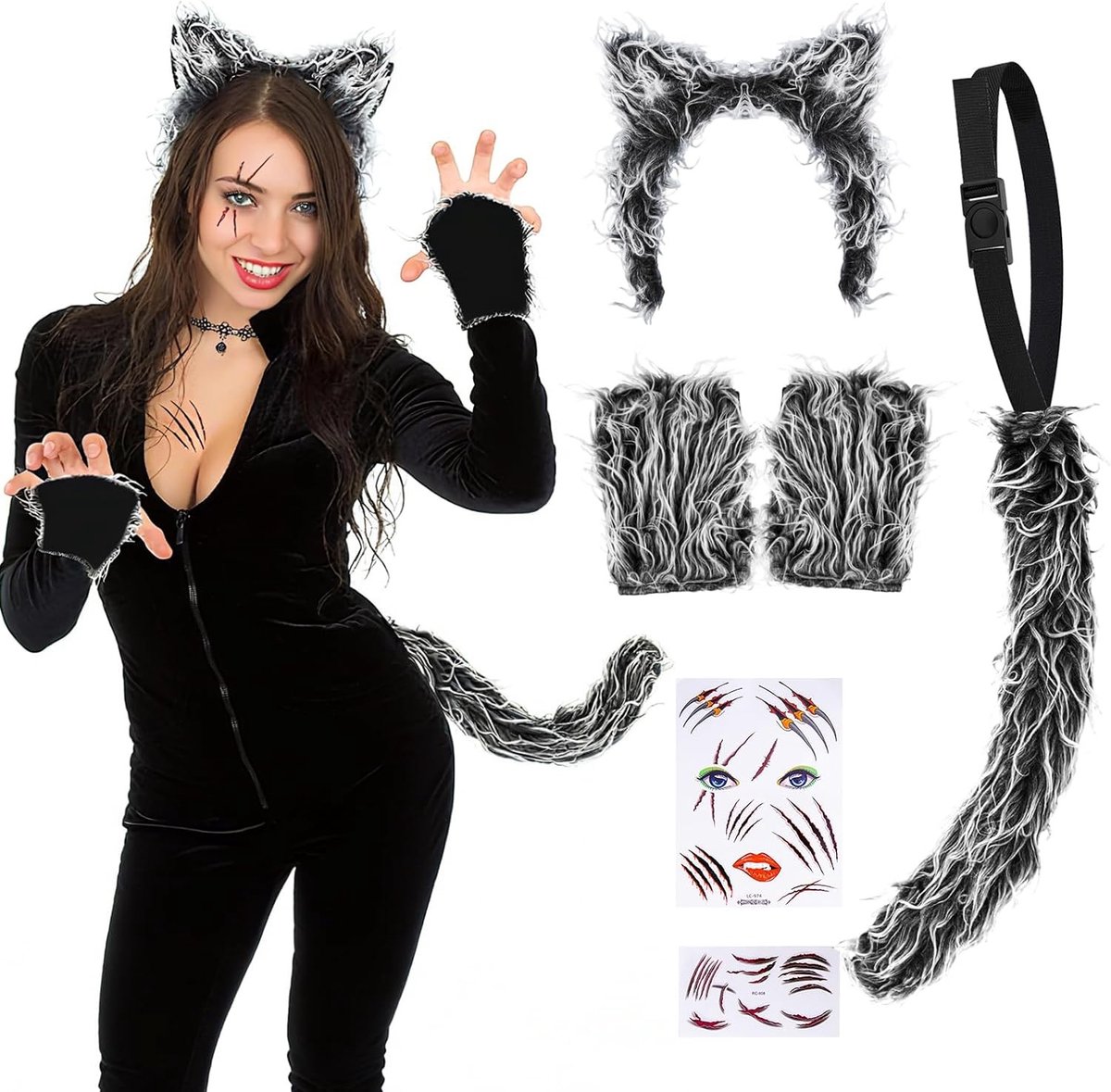 Wolf Kostuum voor Kinderen, Weerwolf Kostuum voor Feestjes, Carnaval, Cosplay, Inclusief Hoofdband, Staart, Pootjes en Stickers, Perfect voor Verjaardagsfeestjes en Themapartijen