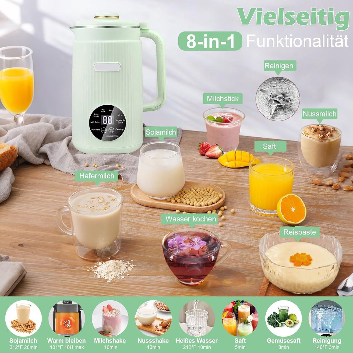 Sojamelkmachine - Groen - 1200 ml - Automatische Notenmelkmaker met 12 Messen - Voor Gezinnen