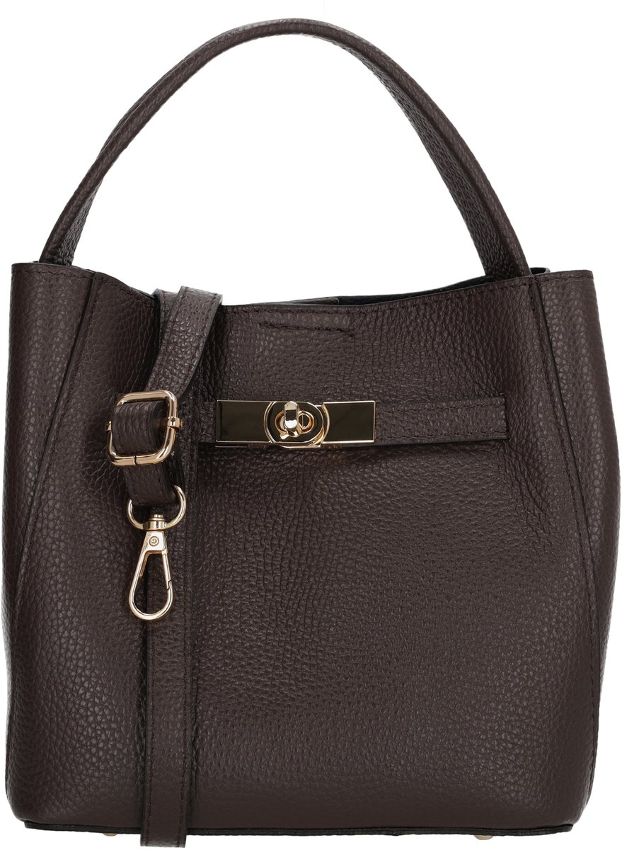 Charm London Vittoria Handtas - Damestas - Schoudertas - Crossbodytas - Draaisluiting - Verstelbare Schouderband - Afneembare Schouderband - Leren Dames Tas - Donkerbruin