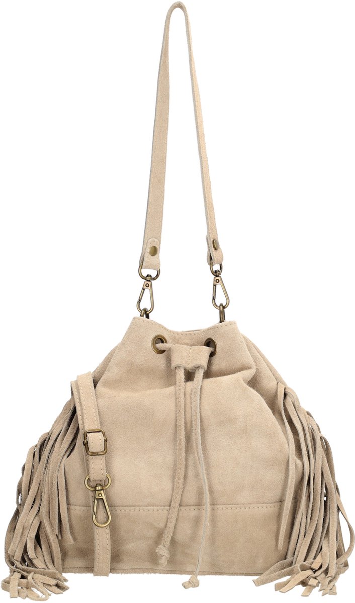Charm London Vittoria Schoudertas - Suede - Damestas - Buideltas - Franjes - Koordsluiting - Drukknoopsluiting - Ritsvak - Leren Dames Tas - Lichttaupe