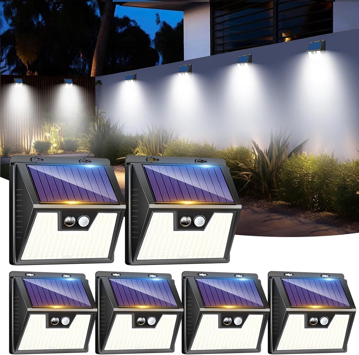 LOTMOS Set van 6 lampen op zonne-energie voor buiten, bewegingsmelder, 176 leds, IP65, waterdicht, solarspot, 3 modi - ShopVlot