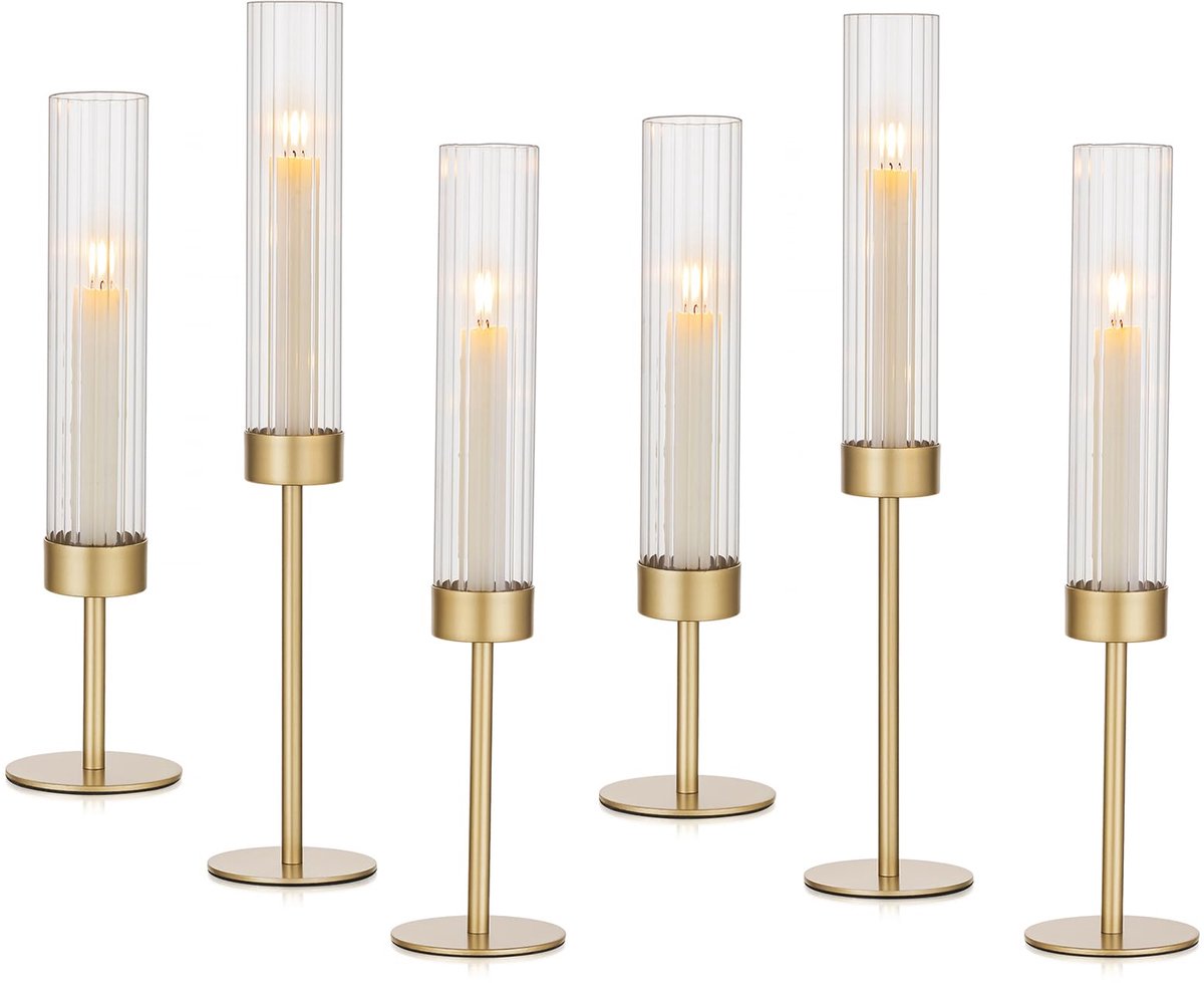 Famanu Set van 6 geribbelde glazen kaarsenhouders, gouden orkaan houders voor taps toelopende kaarsen, perfect voor bruiloft en diner decoratie
