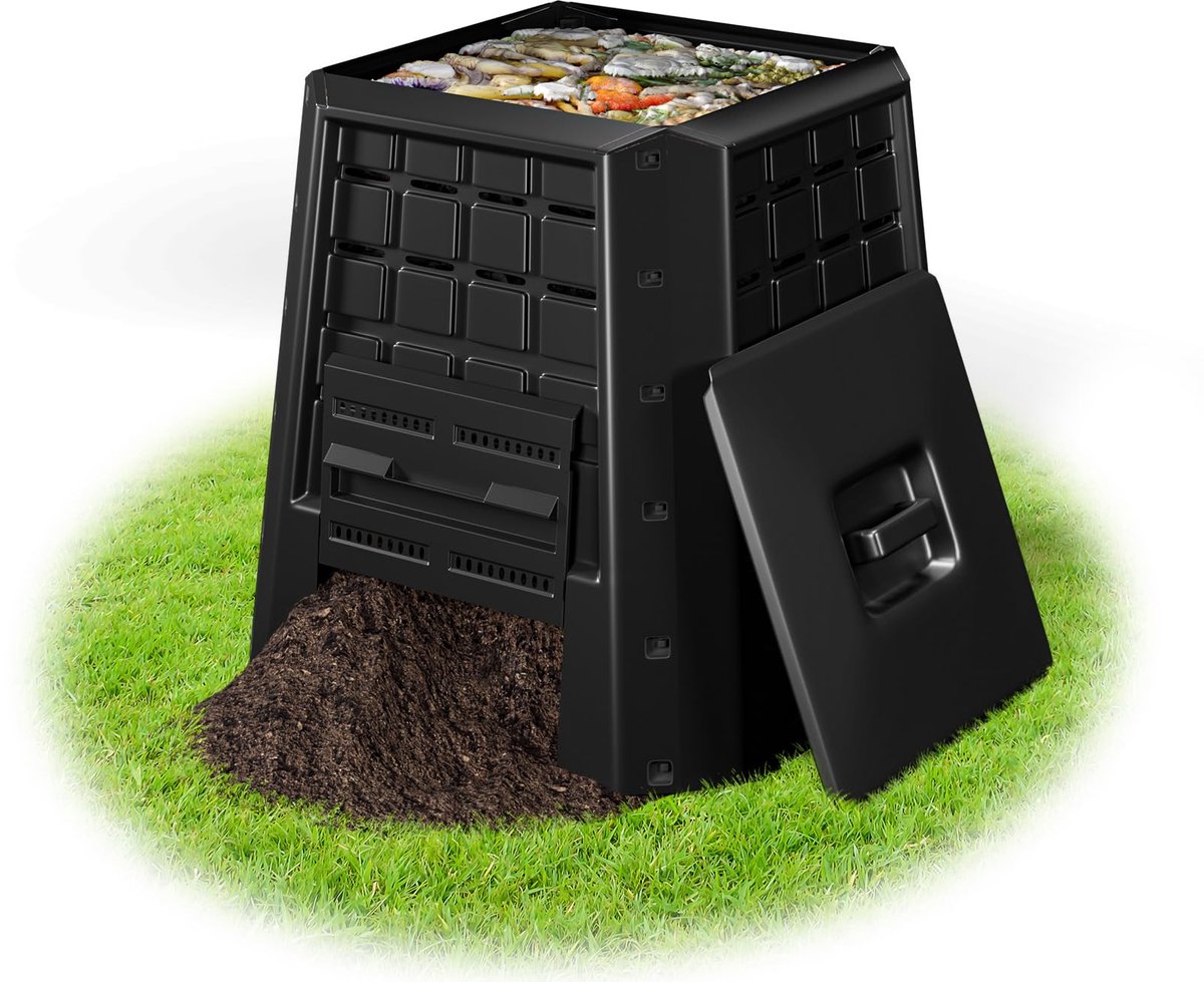 Famanu – Tuincompostbak met deksel en verstelbare luchtsleuven, 380 liter, PP, grote snelcomposteerder voor tuinafval en biologisch afval, 78 x 64 x 80 cm, zwart