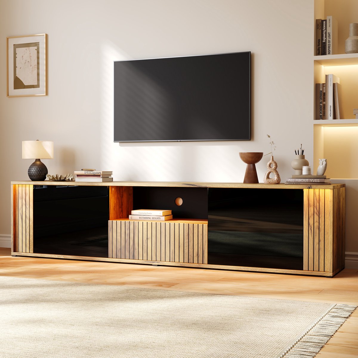 FloraGrace Tv Meubel - LED Verlichting En 2 Deuren 1 Lade - Voor Woonkamer En Slaapkamer - Hout En MDF - 180x40x51 Cm - Zwart