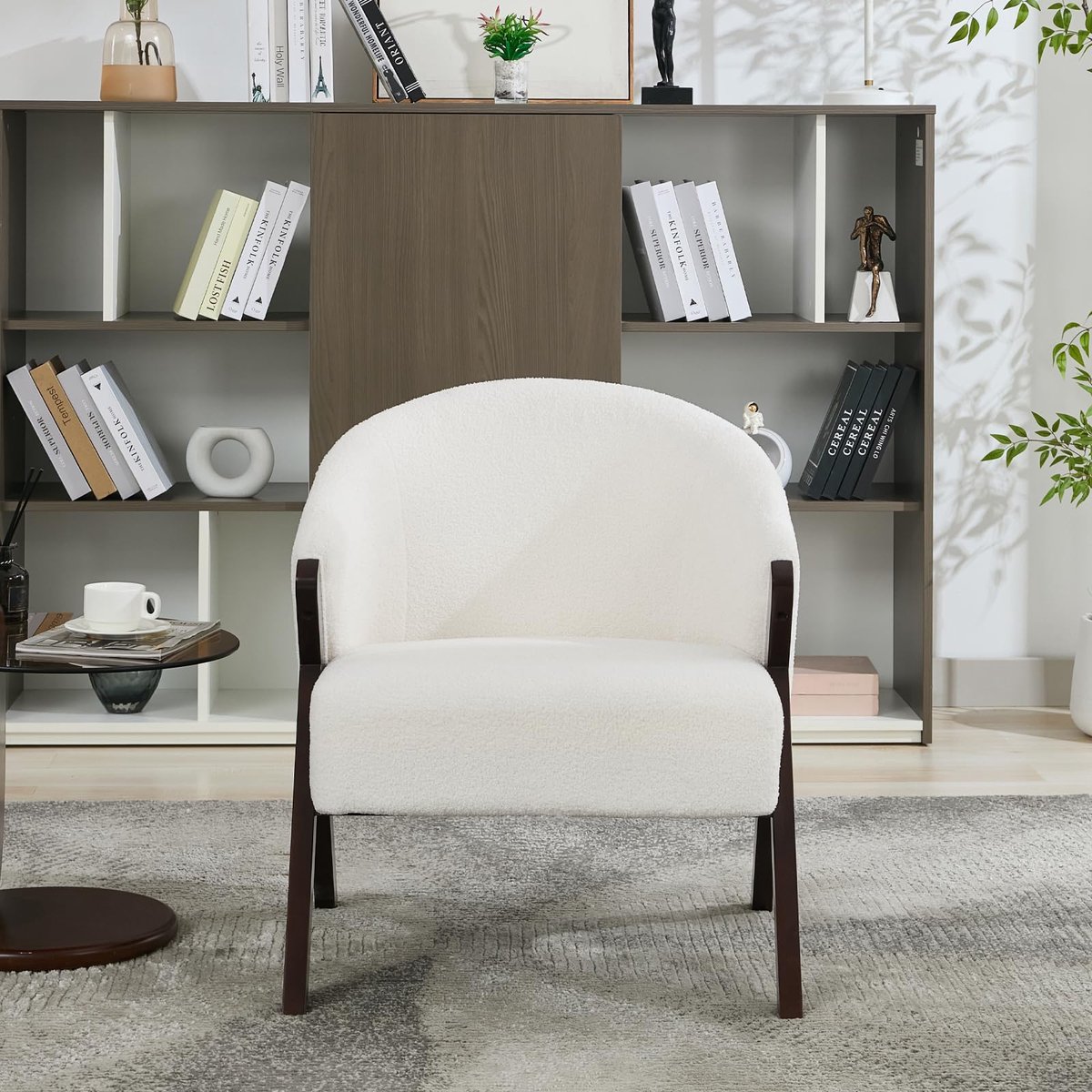 Triumpunpre - Accent Fauteuil - Gestoffeerde Leesstoel Met Houten Walnoot Poten - Relax Fauteuil Voor Woonkamer Slaapkamer Kantoor - Diep Walnootkleurige Poot | Teddybont | Beige