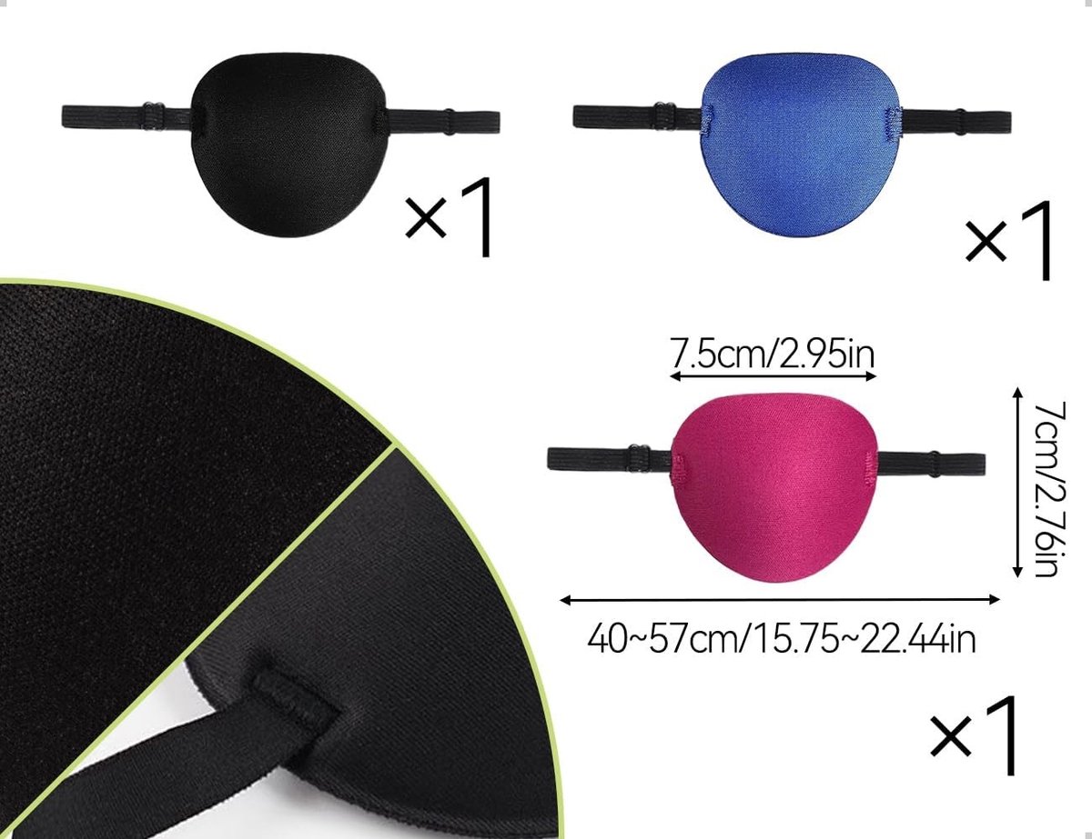 Verstelbare oogbeschermers in piratenstijl voor mannen en vrouwen, set van 3, ideaal voor feestjes en kostuums (zwart, blauw, roze)