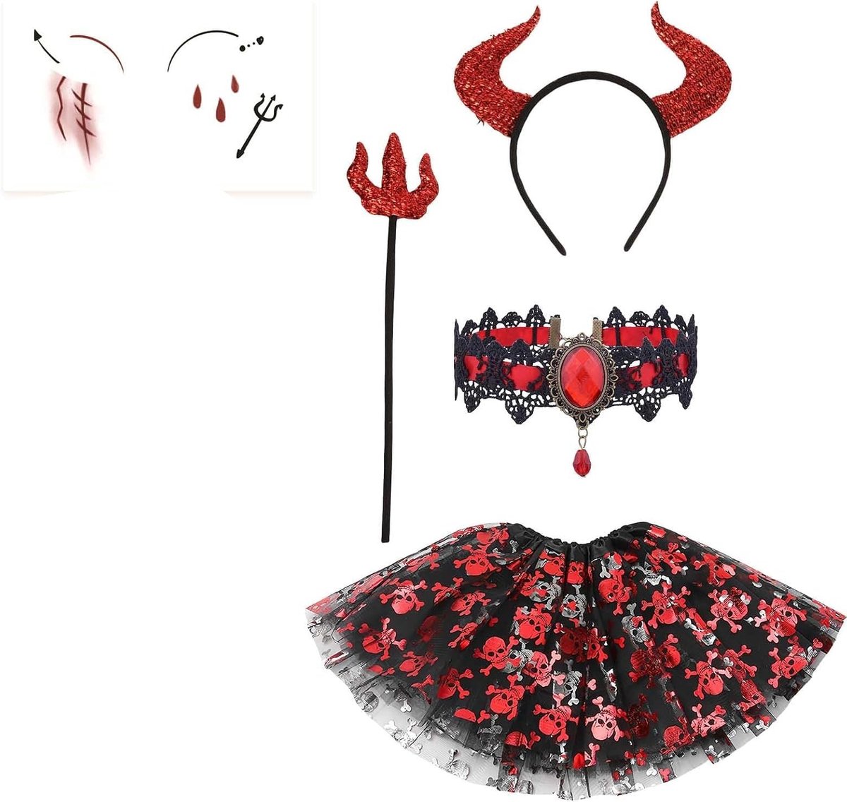 Kostuum voor Kinderen - 5 Delig Set met Hoofdband, Vleugels, Halsketting, Rok en Drietand - Rood/Zwart - Geschikt voor Meisjes en Feestjes