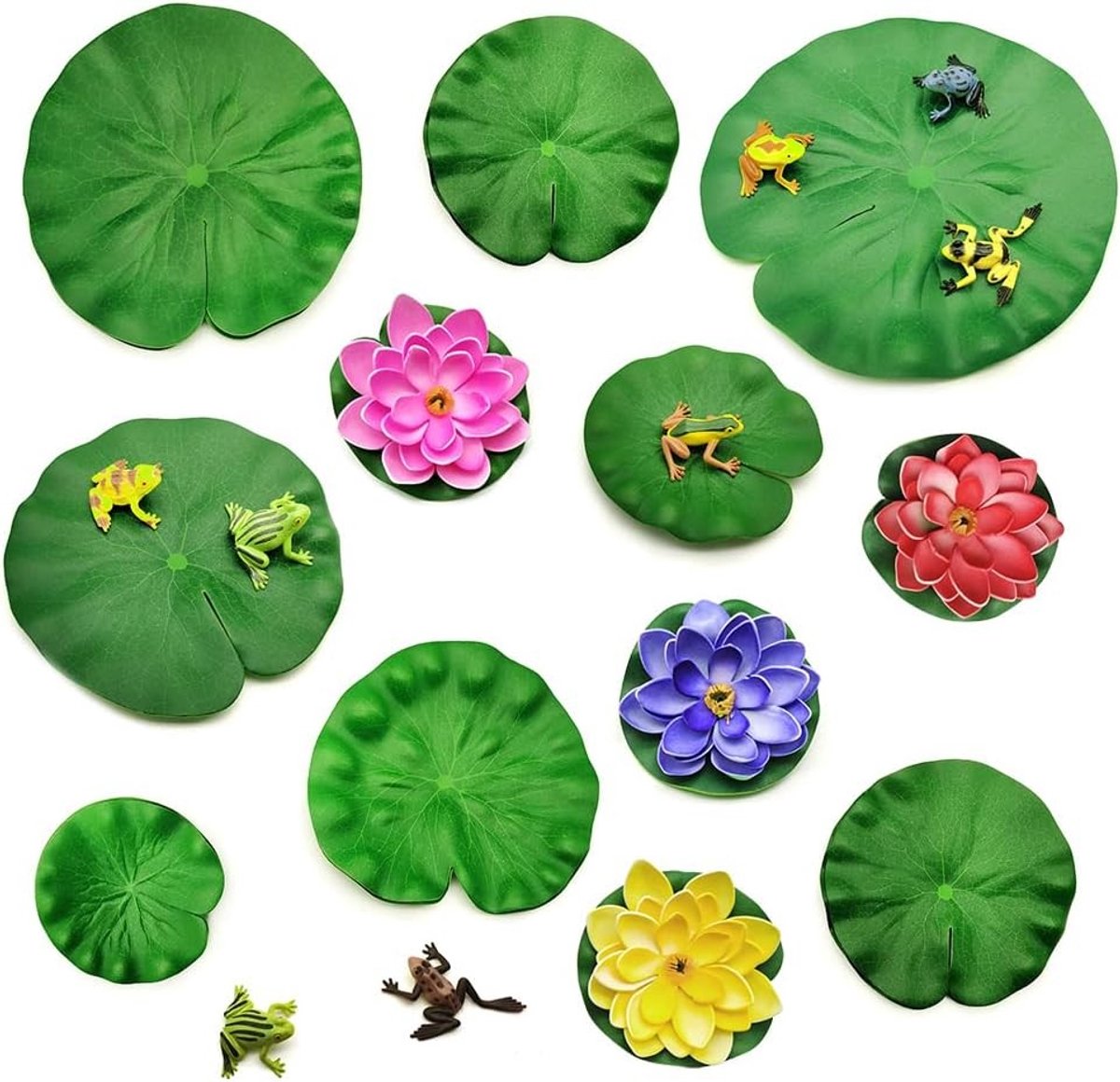Set van 24 drijvende vijverplanten, realistische waterleliebladeren, kunstmatige lotusbloemen en decoratieve accessoires voor vijvers en zwembaden