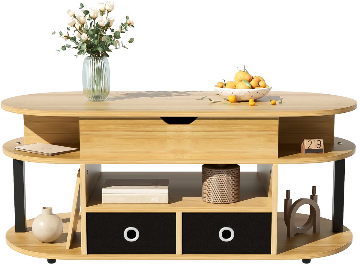 Merax Verstelbare Salontafel met Opbergruimte en 2 Lades – Houtlook en Zwart – 105 x 50 x 45-60 cm