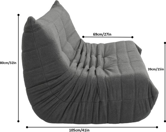 Grijze vloerpoef met geruit patroon en afmetingen 105x80x39cm.