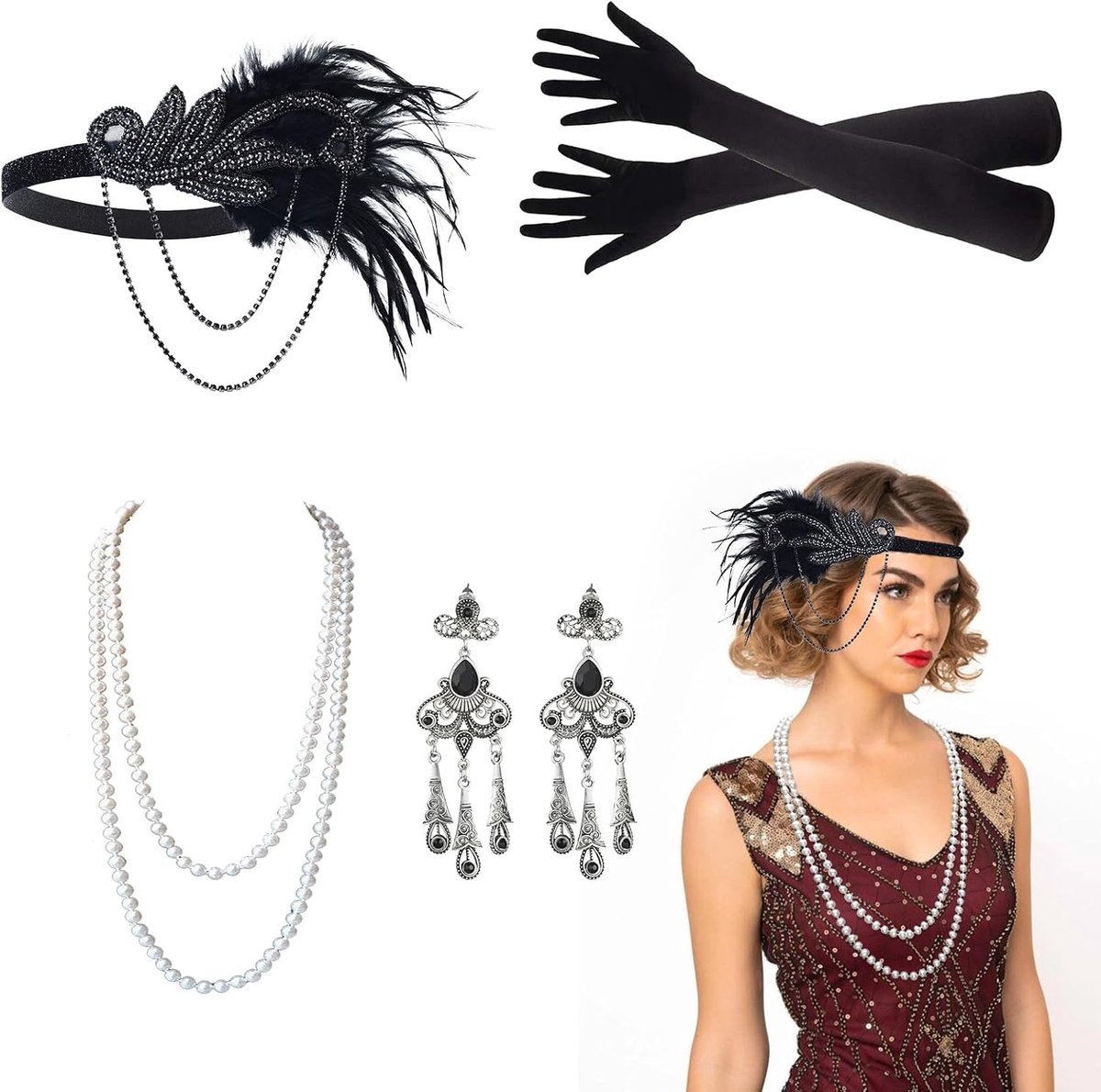 Vintage 1920s Accessoires Set voor Dames, Flapper Kostuum met Lange Handschoenen, Parelketting en Hoofdband voor Great Gatsby Themafeest